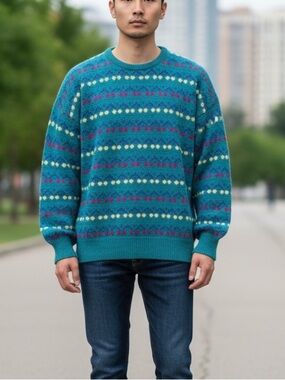 Vintage Pitlochry Scotland Pure Wool Fair Isle Teal Pink Sweater Womens Large